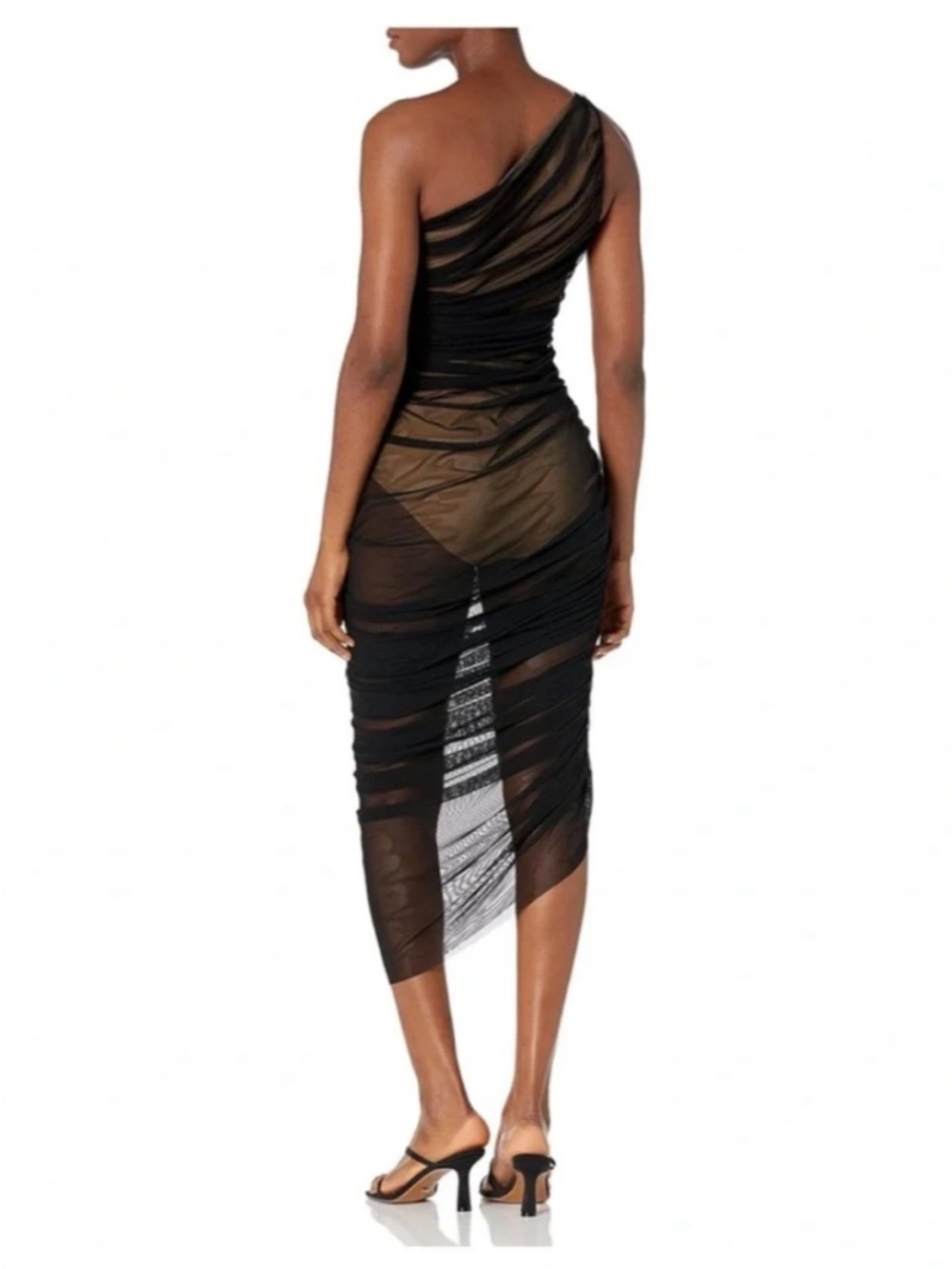 Norma Kamali - Diana Gown - One Shoulder Ruched Sheer Midi Dress - Picture 2 of 8